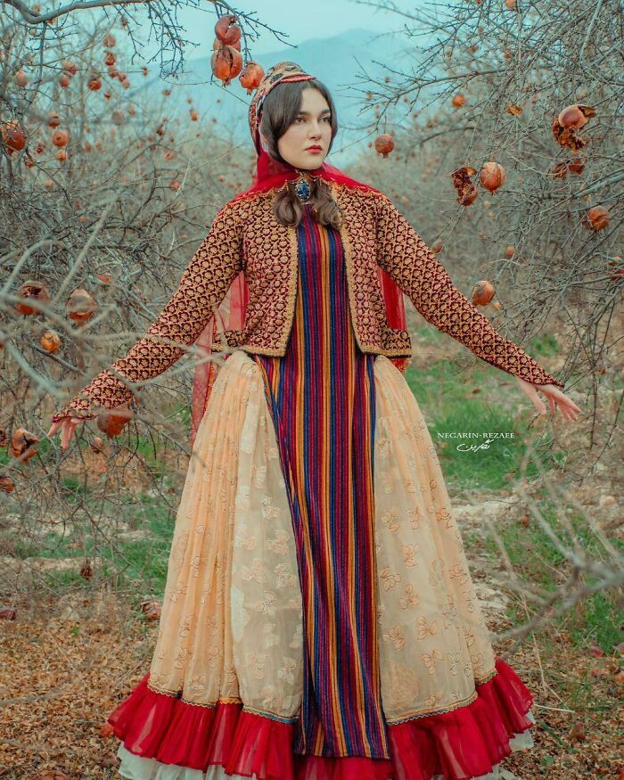 Young woman in traditional colorful dress stands among leafless trees with persimmons, capturing beauty and diversity of humans. Young woman in traditional colorful dress stands among leafless trees with persimmons, capturing beauty and diversity of humans.