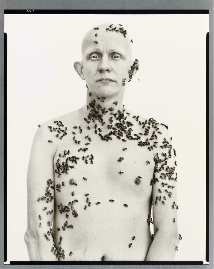 Black and white portrait of a shirtless person covered in bees, capturing the strength and diversity of humans often overlooked.