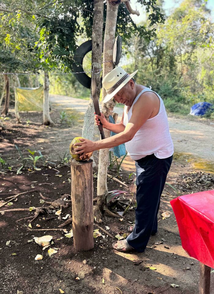 Portrait of a man wearing a hat and preparing fruit outdoors, capturing the strength and diversity of humans often overlooked.