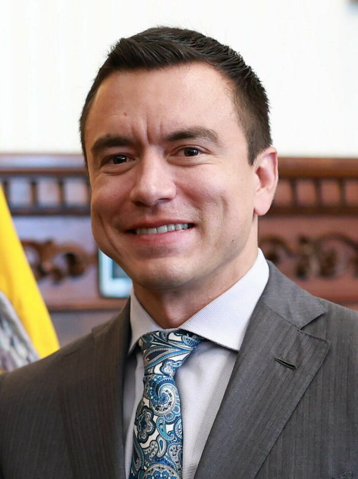 Daniel Noboa smiling in a suit and patterned tie in a formal setting, highlighting his bio and career.