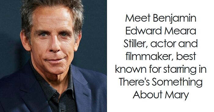 Ben Stiller in a dark blazer and shirt, posing for a portrait highlighting his bio and career highlights.