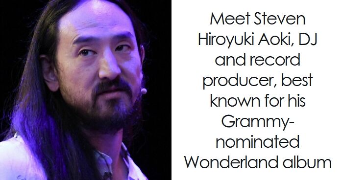 Steve Aoki with long hair and beard speaking on stage, highlighting his bio and career as a DJ and producer.