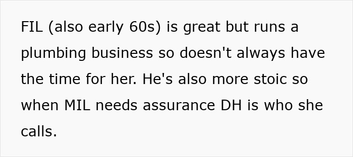 Text describing a father-in-law&rsquo;s busy plumbing business and mother-in-law&rsquo;s concerns about her son in a family conflict.