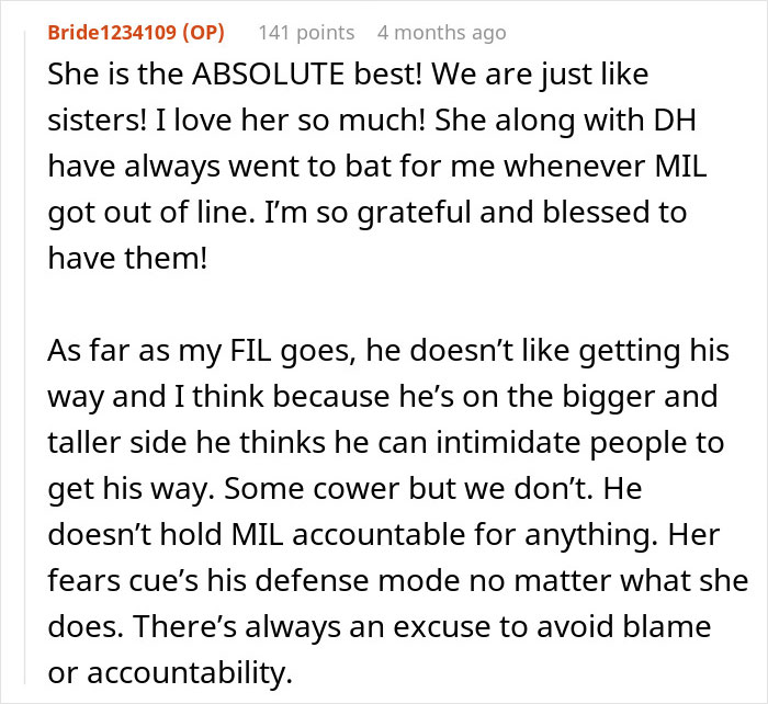 Text post from Reddit user Bride1234109 praising her mother-in-law's support and describing her father-in-law's intimidating behavior and lack of accountability. Text post from Reddit user Bride1234109 praising her mother-in-law's support and describing her father-in-law's intimidating behavior and lack of accountability.