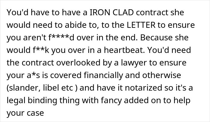 Text discussing the need for an ironclad contract to protect a bridesmaid financially from a bride wanting to upgrade honeymoon expenses.