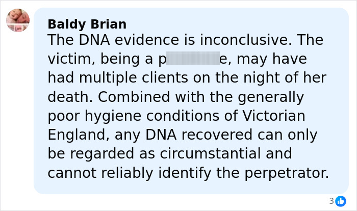 Comment discussing inconclusive DNA evidence and doubts about identifying Jack the Ripper’s real identity after breakthrough.