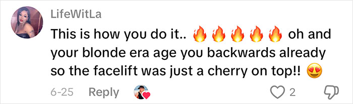 Comment praising a woman’s aging progress and facelift results, highlighting confidence and youthful appearance at 70 years old. Comment praising a woman’s aging progress and facelift results, highlighting confidence and youthful appearance at 70 years old.