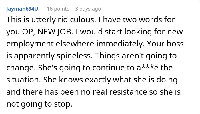 Screenshot of a Reddit comment discussing a woman eating what she shouldn’t and the coworker facing consequences.