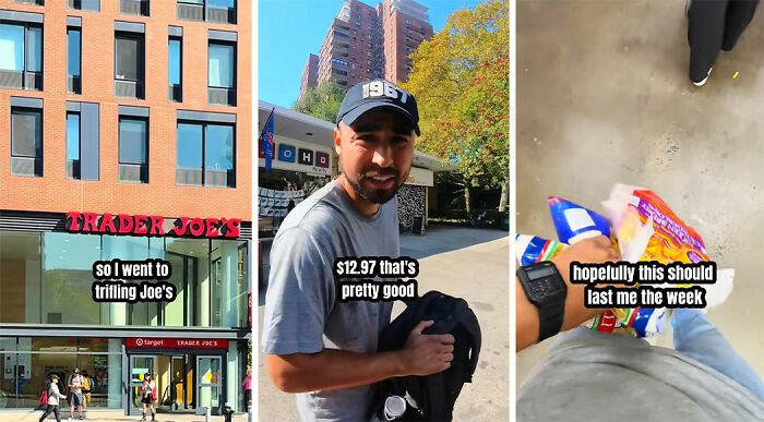 Man outside Trader Joe’s in NYC, holding groceries and discussing budget during a $100 survival challenge in the city. Man outside Trader Joe’s in NYC, holding groceries and discussing budget during a $100 survival challenge in the city.
