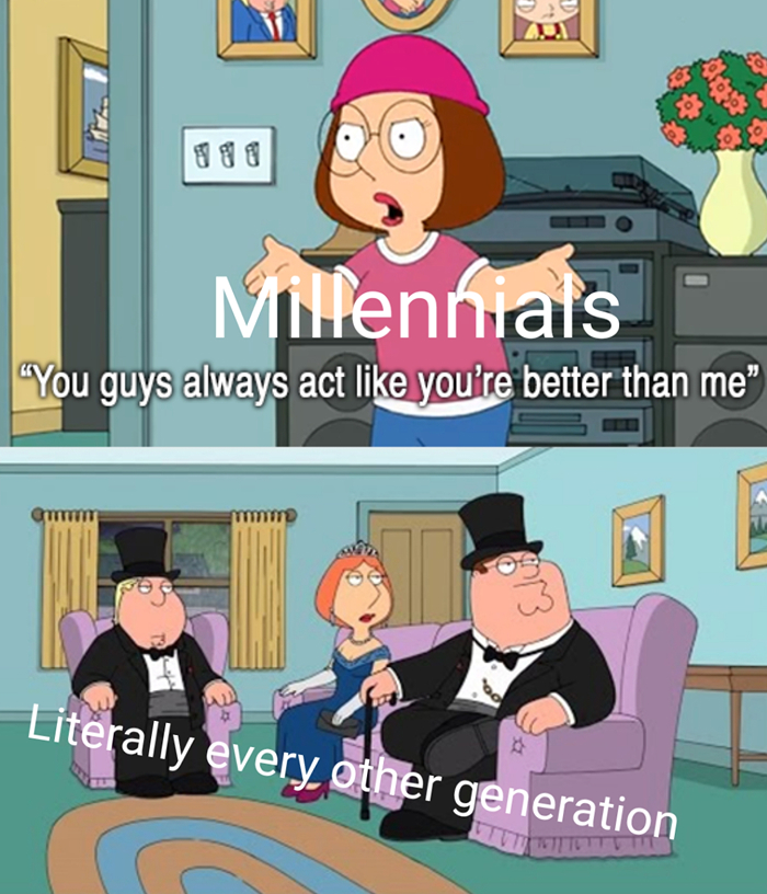 Character from Family Guy dressed in formal wear, humorously depicting generational name chaos with Millennials and others. Character from Family Guy dressed in formal wear, humorously depicting generational name chaos with Millennials and others.