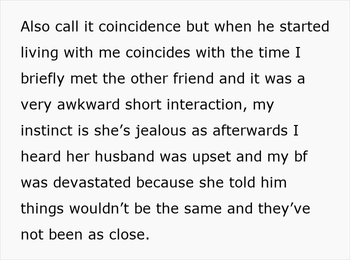 Text excerpt discussing feelings of jealousy and uneasy sleeping arrangements related to boyfriend hosting newly single friend.