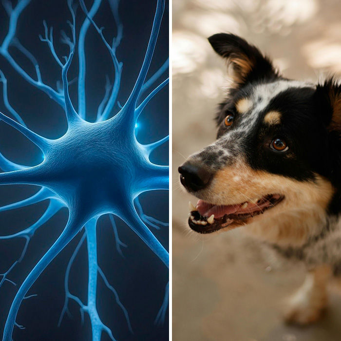 Close-up of a neuron and a happy dog, illustrating the concept of dogs being autistic like humans in scientific research. Close-up of a neuron and a happy dog, illustrating the concept of dogs being autistic like humans in scientific research.