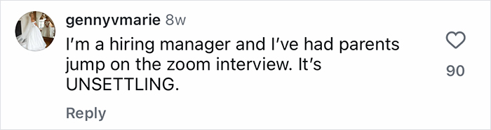 Comment from a hiring manager describing how parents intervened in Zoom interviews, highlighting Gen-Z workers relying on moms.