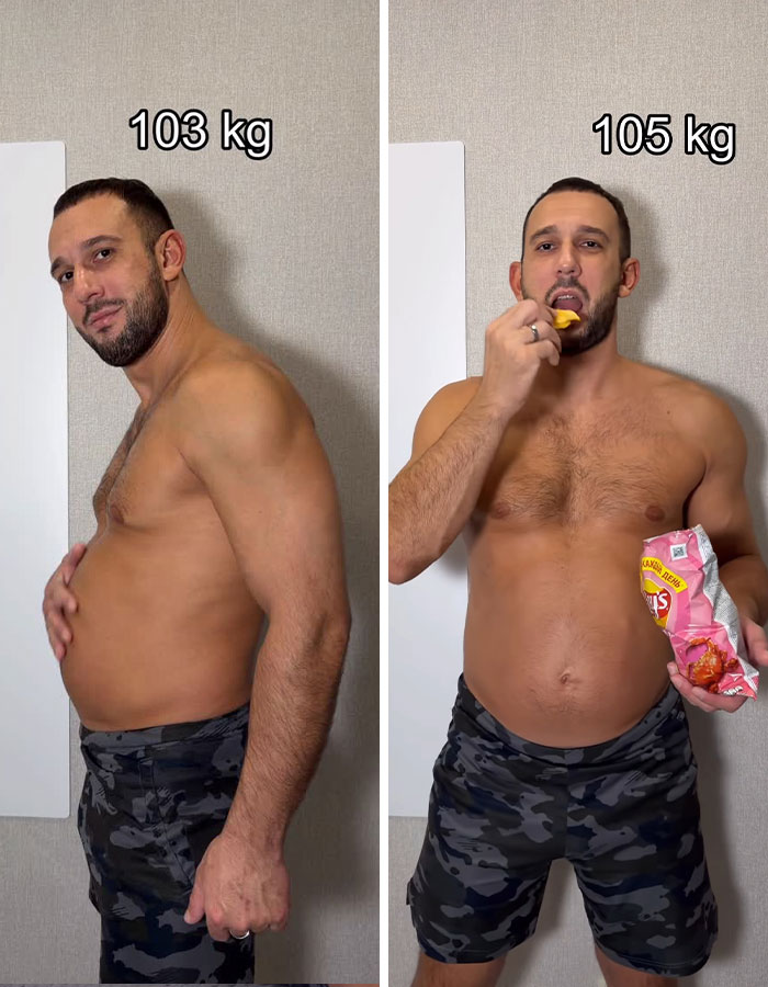 Fitness coach shown before and during binge-eating challenge holding chips, with weight displayed as 103 kg and 105 kg. Fitness coach shown before and during binge-eating challenge holding chips, with weight displayed as 103 kg and 105 kg.