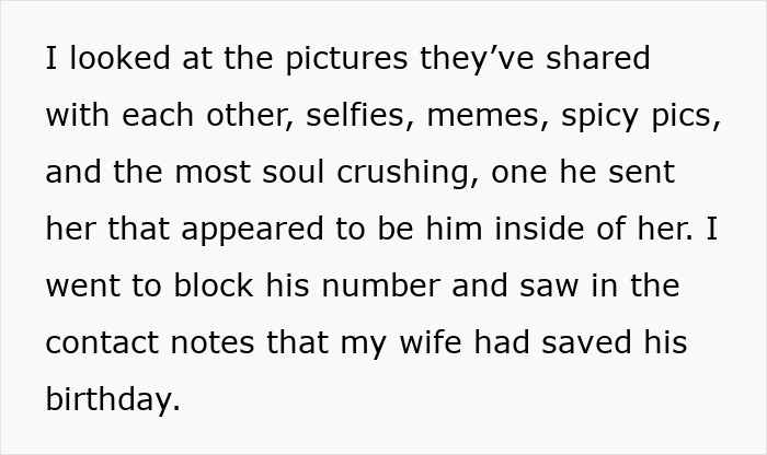 Text excerpt about a husband discovering his wife’s contact and pictures with another man after years of refused intimacy.