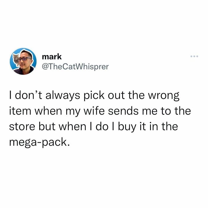 Tweet about relatable parenting and marriage humor with a funny story about buying the wrong item at the store.