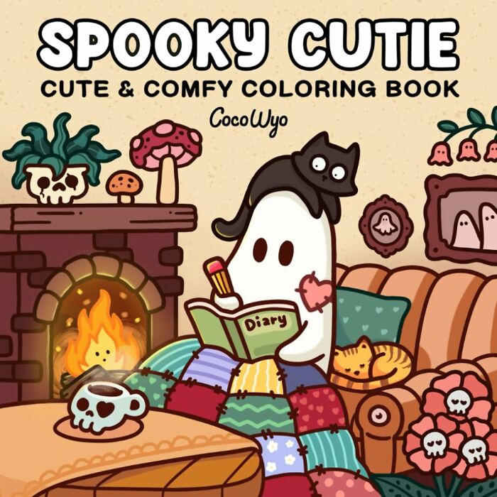 Cozy indoor hobbies illustration featuring coloring, journaling, and relaxing by the fireplace during hibernation season.