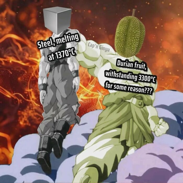 Dragon Ball characters with steel block and durian fruit heads, humorously contrasting melting points in hilarious educational memes.