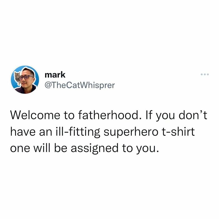 Parenting tweet humor about fatherhood and ill-fitting superhero t-shirts in relatable parenting and marriage tweets context.