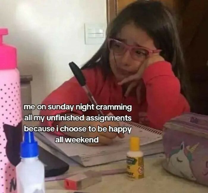 Young student wearing pink glasses looks tired while doing homework with supplies around, a funny educational meme.