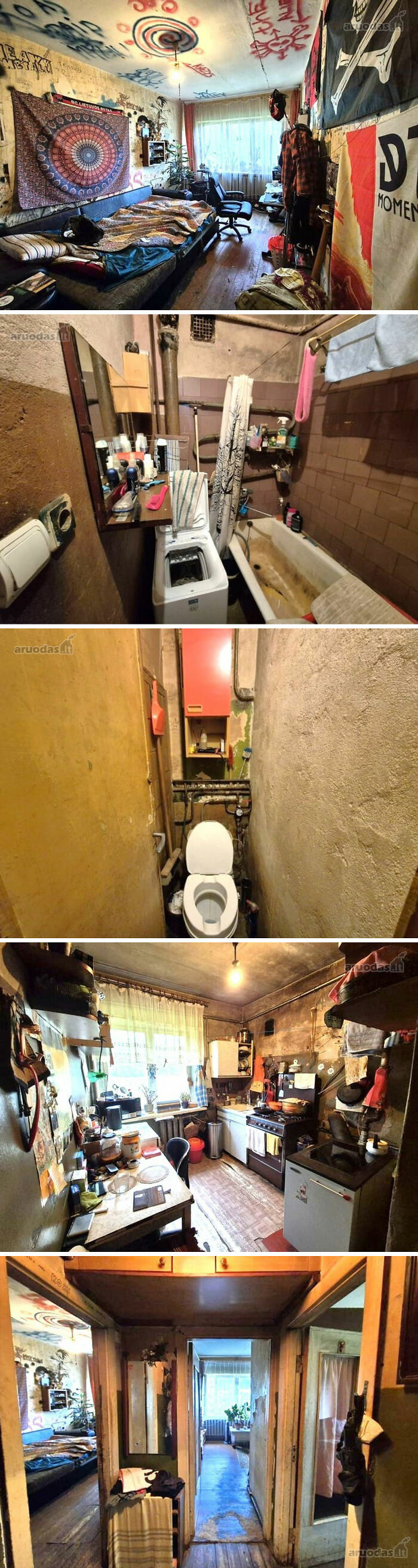 Grungy real estate listing with cluttered bedroom, outdated bathroom and toilet, cramped kitchen, and narrow hallway interior views.