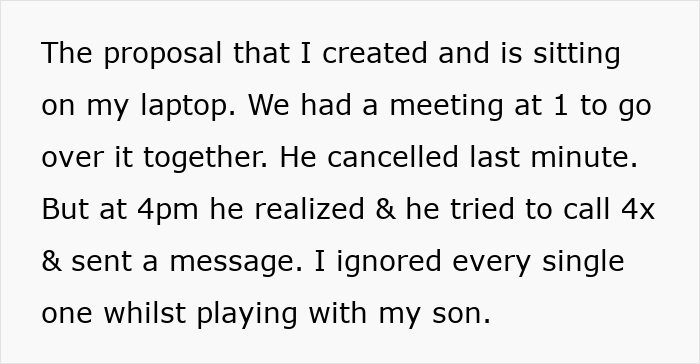 Text on a white background about a manager letting employee take time off and the employee ignoring calls while playing with son. Text on a white background about a manager letting employee take time off and the employee ignoring calls while playing with son.