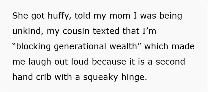 Text on a white background discussing a second hand aunt crib storage baby with a squeaky hinge and family interactions. Text on a white background discussing a second hand aunt crib storage baby with a squeaky hinge and family interactions.