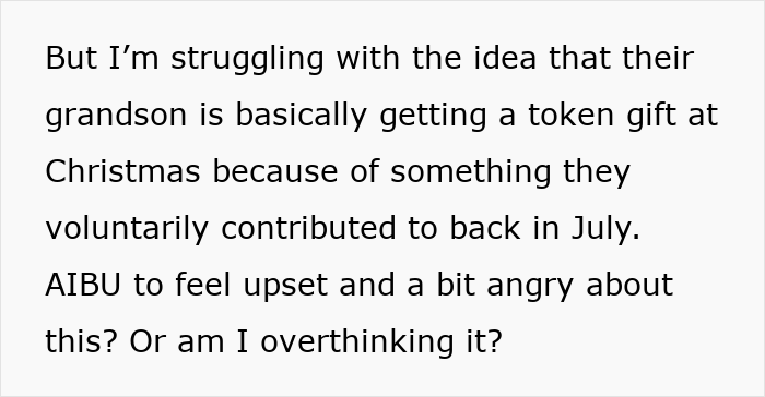 Text discussing a mom feeling scammed after grandparents combine birthday and Christmas gift for their grandson. Text discussing a mom feeling scammed after grandparents combine birthday and Christmas gift for their grandson.