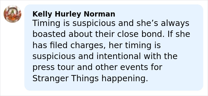 Comment from Kelly Hurley Norman discussing the timing of Millie Bobby Brown and David Harbour&rsquo;s relationship amid harassment allegations.