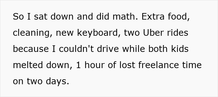 Text explaining the high cost of using a sister as a free babysitter with extra food, cleaning, and lost freelance time. Text explaining the high cost of using a sister as a free babysitter with extra food, cleaning, and lost freelance time.