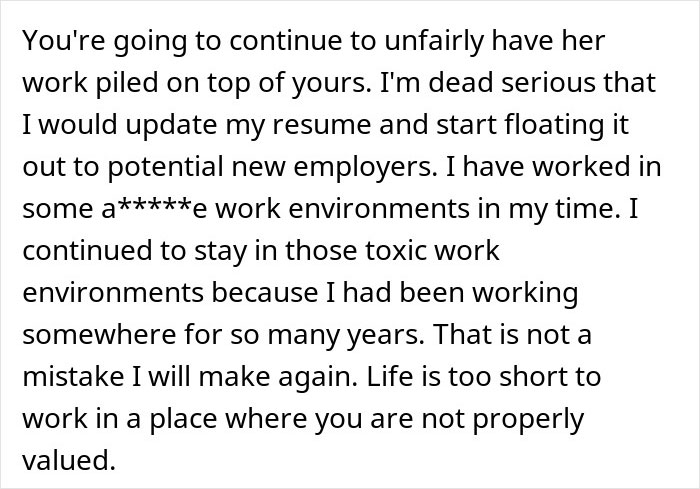 Text describing a toxic work environment and advice to update resume to avoid unfairly taking on a coworker's work burden.