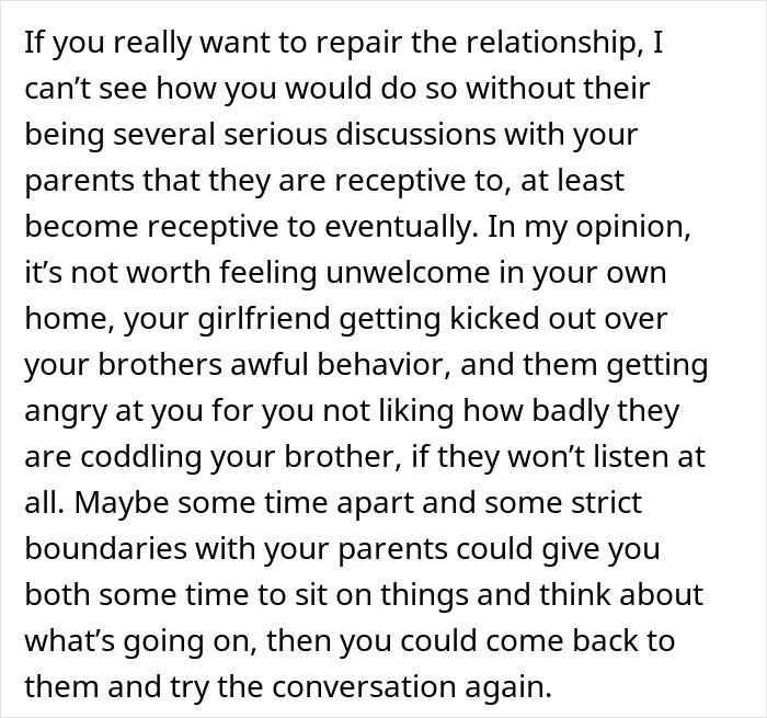 Text discussing challenges in relationships with entitled parents who treat autistic brother as golden child.