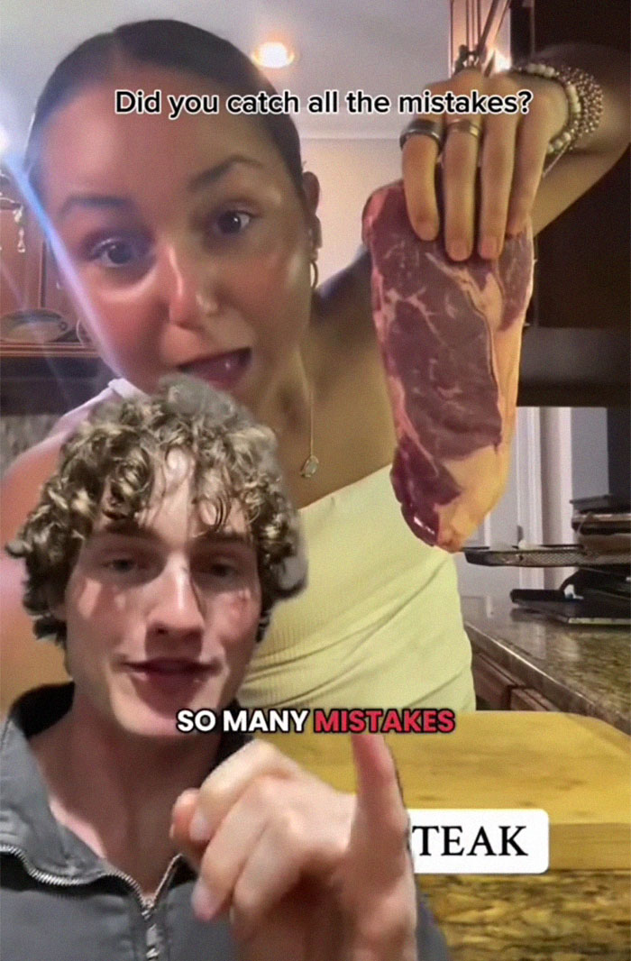 Two people in a kitchen holding raw steak, highlighting wild American food creations that shocked the internet. Two people in a kitchen holding raw steak, highlighting wild American food creations that shocked the internet.