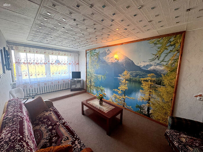 Living room with vintage furniture and a large nature mural, part of wild real estate listings to sell properties.