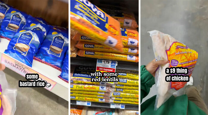 Packages of rice, red lentils, and frozen chicken held by a shopper during a $100 survival challenge in NYC. Packages of rice, red lentils, and frozen chicken held by a shopper during a $100 survival challenge in NYC.