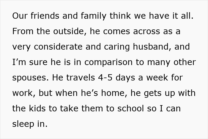 Text excerpt describing a man prioritizing work and pretending not to have a family, while his wife is aware and wants to stay.
