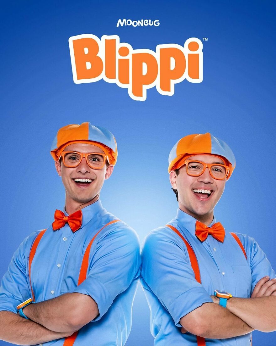 Two actors dressed as Blippi wearing orange bow ties, hats, glasses, and blue shirts with orange suspenders smiling against a blue background. Two actors dressed as Blippi wearing orange bow ties, hats, glasses, and blue shirts with orange suspenders smiling against a blue background.