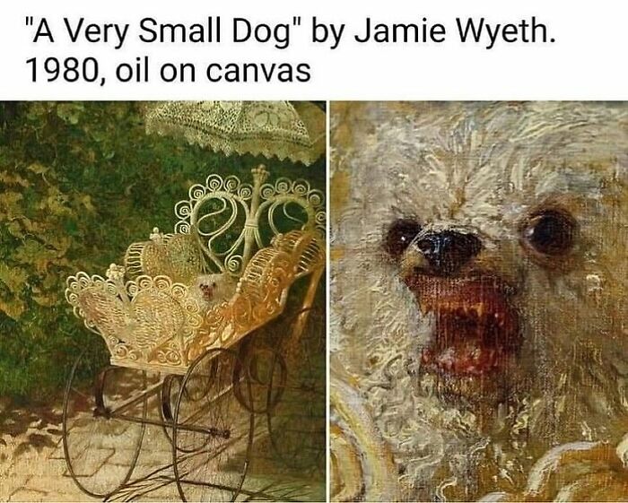 Oil painting titled A Very Small Dog shows an eerie close-up of a small white dog in vintage pram, funny animal meme.