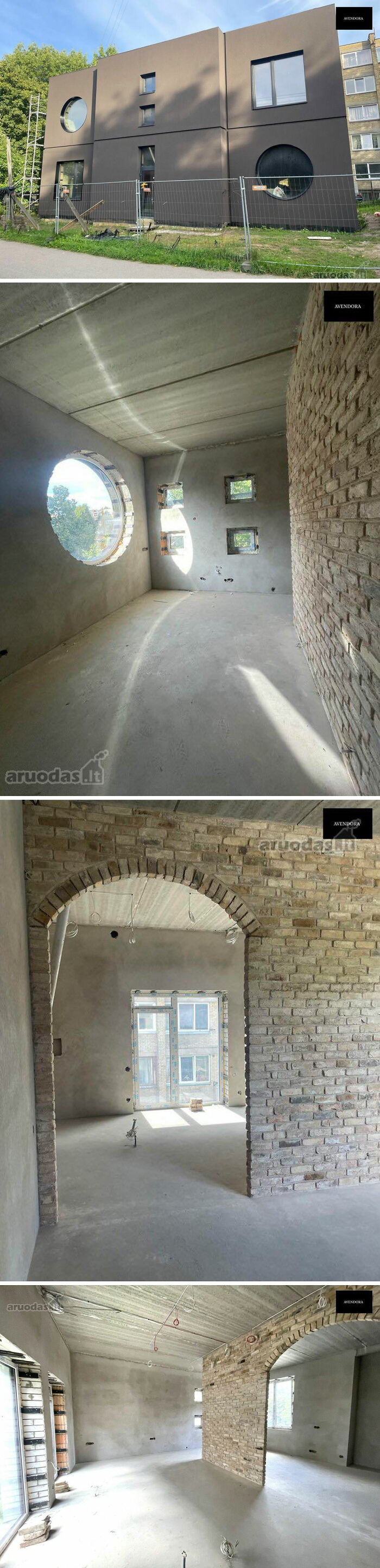 Modern wild real estate listing with unique circular windows and unfinished interior under construction.