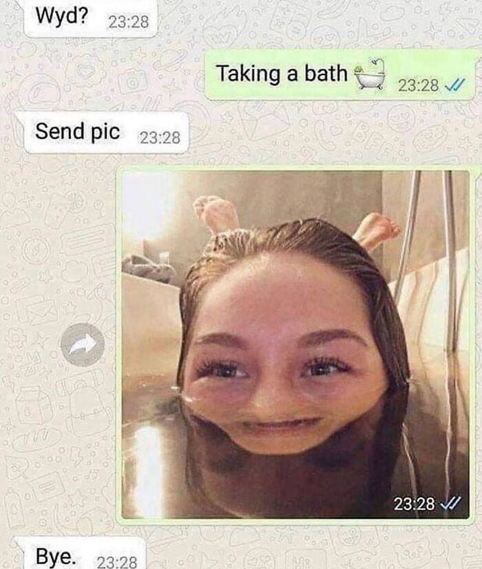 Chat conversation showing a funny distorted bath selfie, featured in randomly funny memes that make life lighter.
