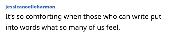 Text post by a user expressing comfort in writers who articulate shared feelings, related to Alison Sudol speaking out amid David Harbour backlash. Text post by a user expressing comfort in writers who articulate shared feelings, related to Alison Sudol speaking out amid David Harbour backlash.