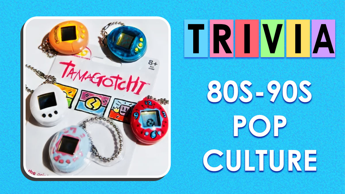 Colorful Tamagotchi toys on packaging with text about 80s 90s pop culture trivia quiz on blue background.