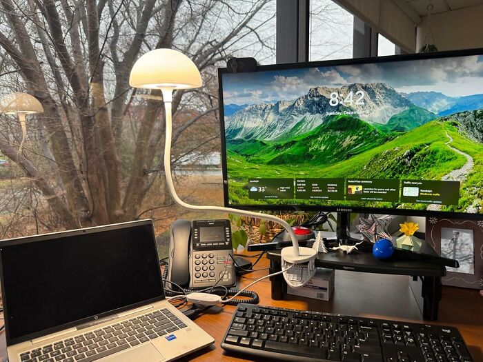 Desk setup with novelty mushroom-shaped lamp, laptop, desktop monitor, keyboard, and office phone by a window with trees outside.