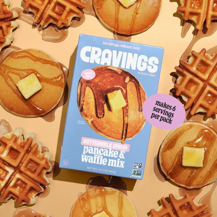 Box of buttermilk mochi pancake and waffle mix surrounded by syrup-drizzled pancakes and waffles, Black Friday kitchen deals.