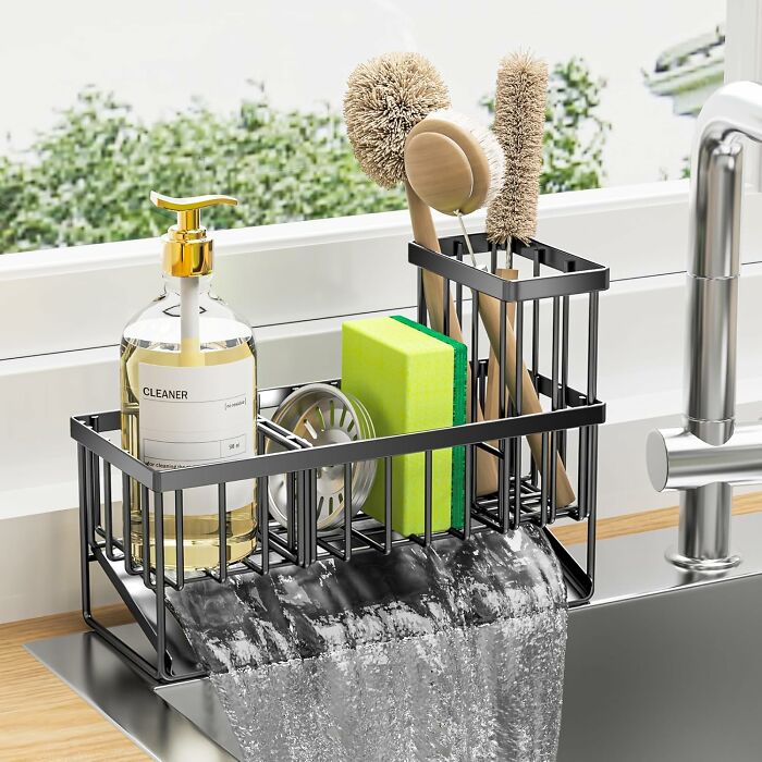 Black Friday kitchen deals on sink organizers holding scrub brushes, sponge, and liquid cleaner with water draining.