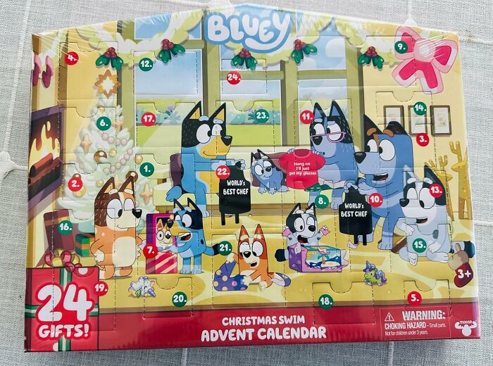 Bluey themed Christmas swim advent calendar with 24 gifts, perfect for holiday countdown and festive fun.