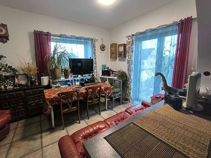 Cluttered living room with dining table, plants, and TV, featured in wild real estate listings to help sell properties.