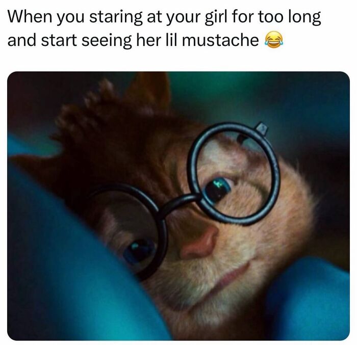Funny meme with a close-up of a chipmunk wearing round glasses, humorously noticing a mustache on a girlfriend.