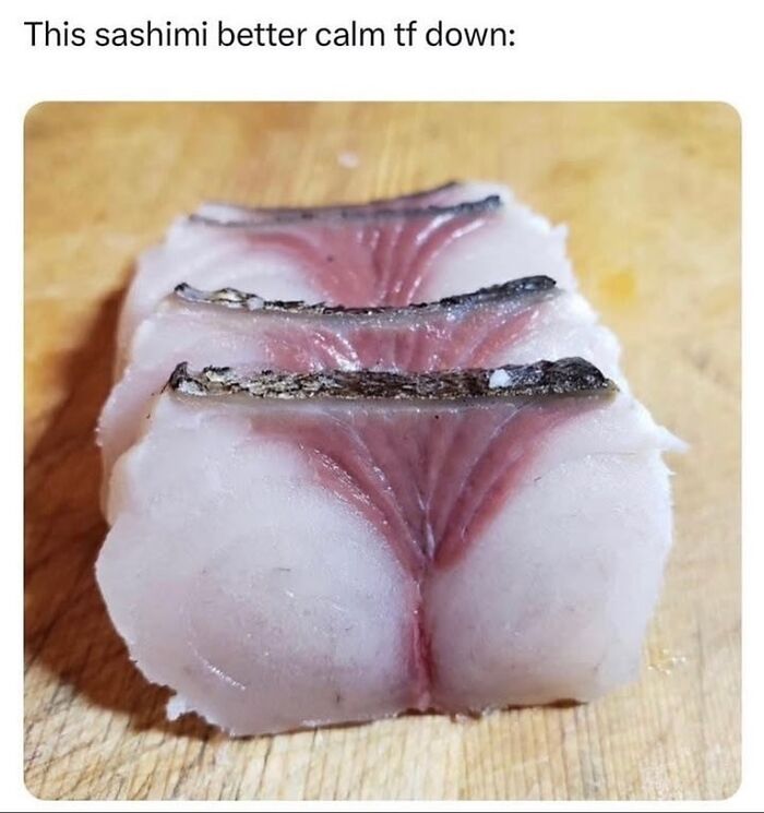 Close-up of funny sashimi slices resembling a humorous image, part of randomly funny memes that lighten life.