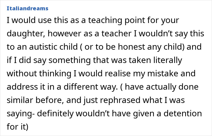 Comment expressing concern about teacher punishing autistic teen for not understanding sarcasm in school setting. Comment expressing concern about teacher punishing autistic teen for not understanding sarcasm in school setting.